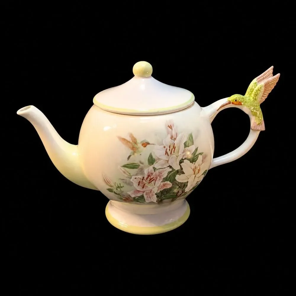 Vintage Hummingbird Lily Floral Teapot China Collectible Lina Lui Bird Decor Gif